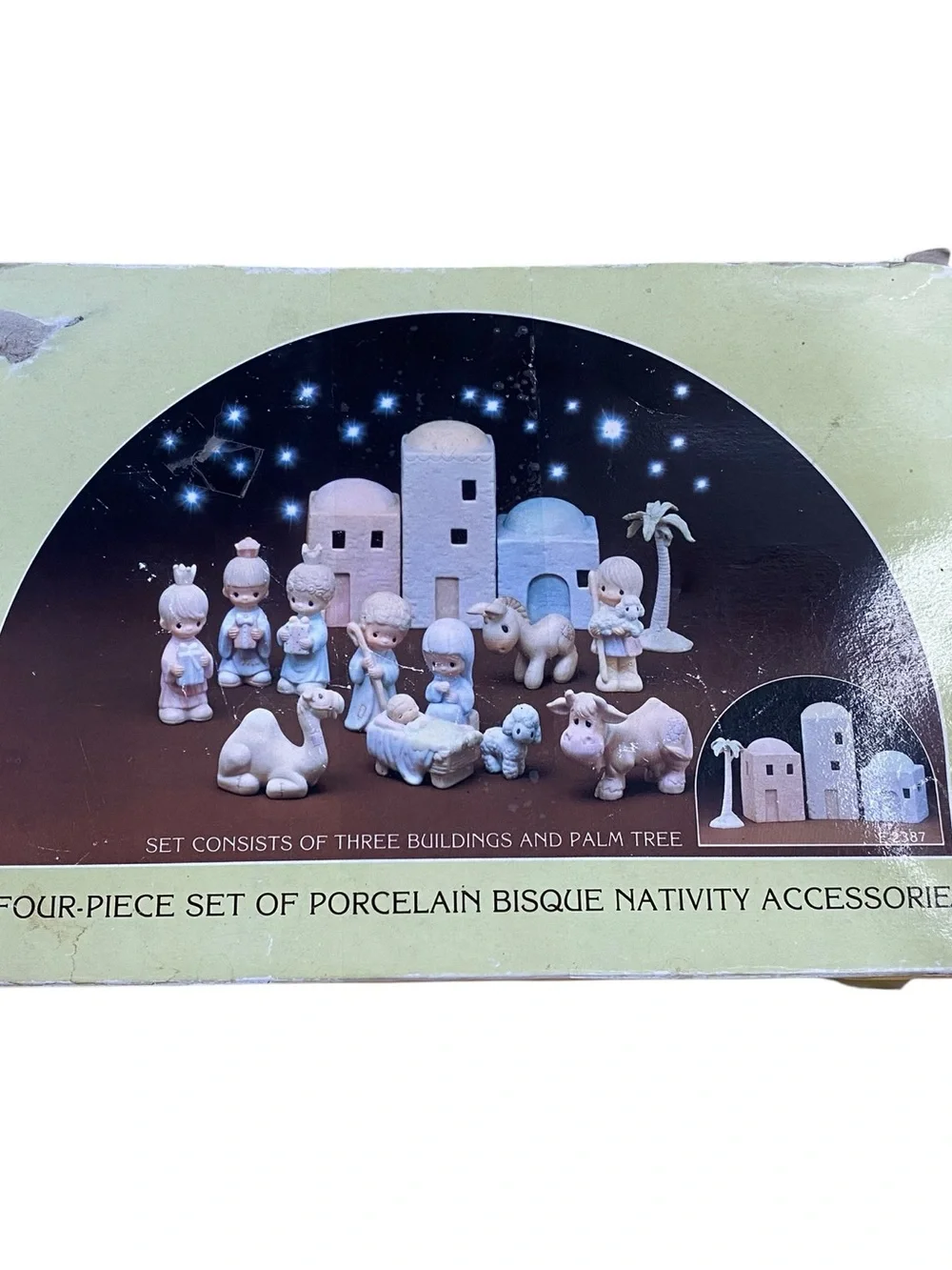 1982 Enesco Precious Moments Nativity Accessories Set 3 Buildings and Palm Tree